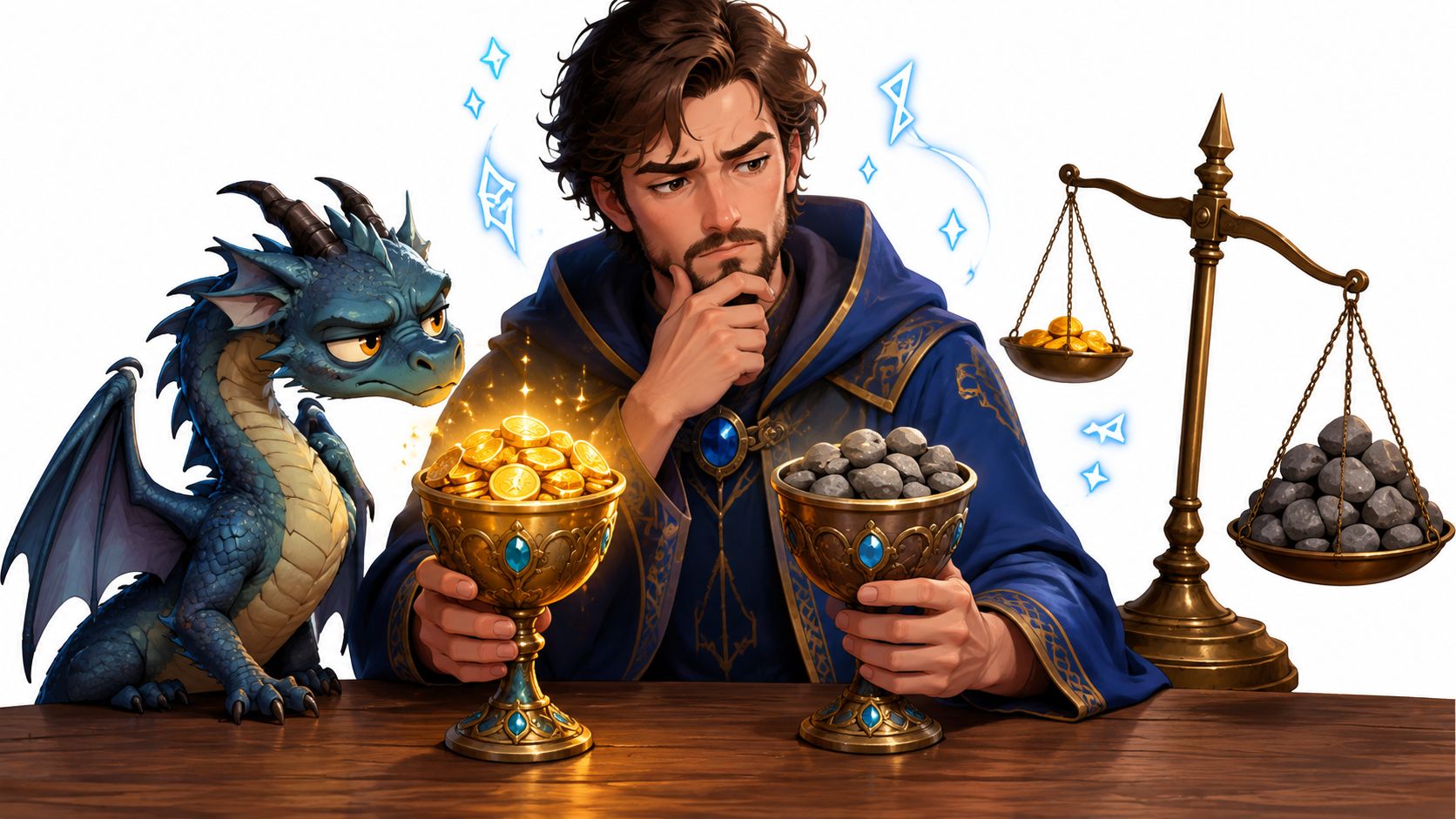 A wizard pondering a choice between a cup of golden coins and a cup of grey stones.