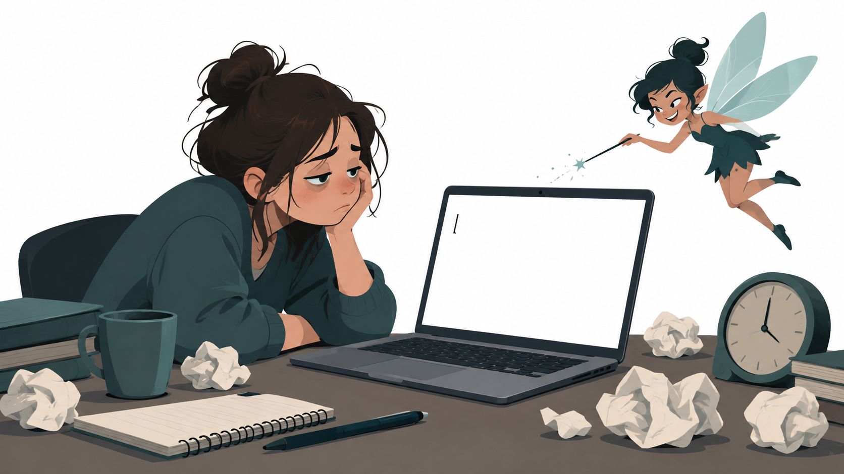 A tired woman sits at a desk with a laptop, assisted by a magical fairy with a wand.