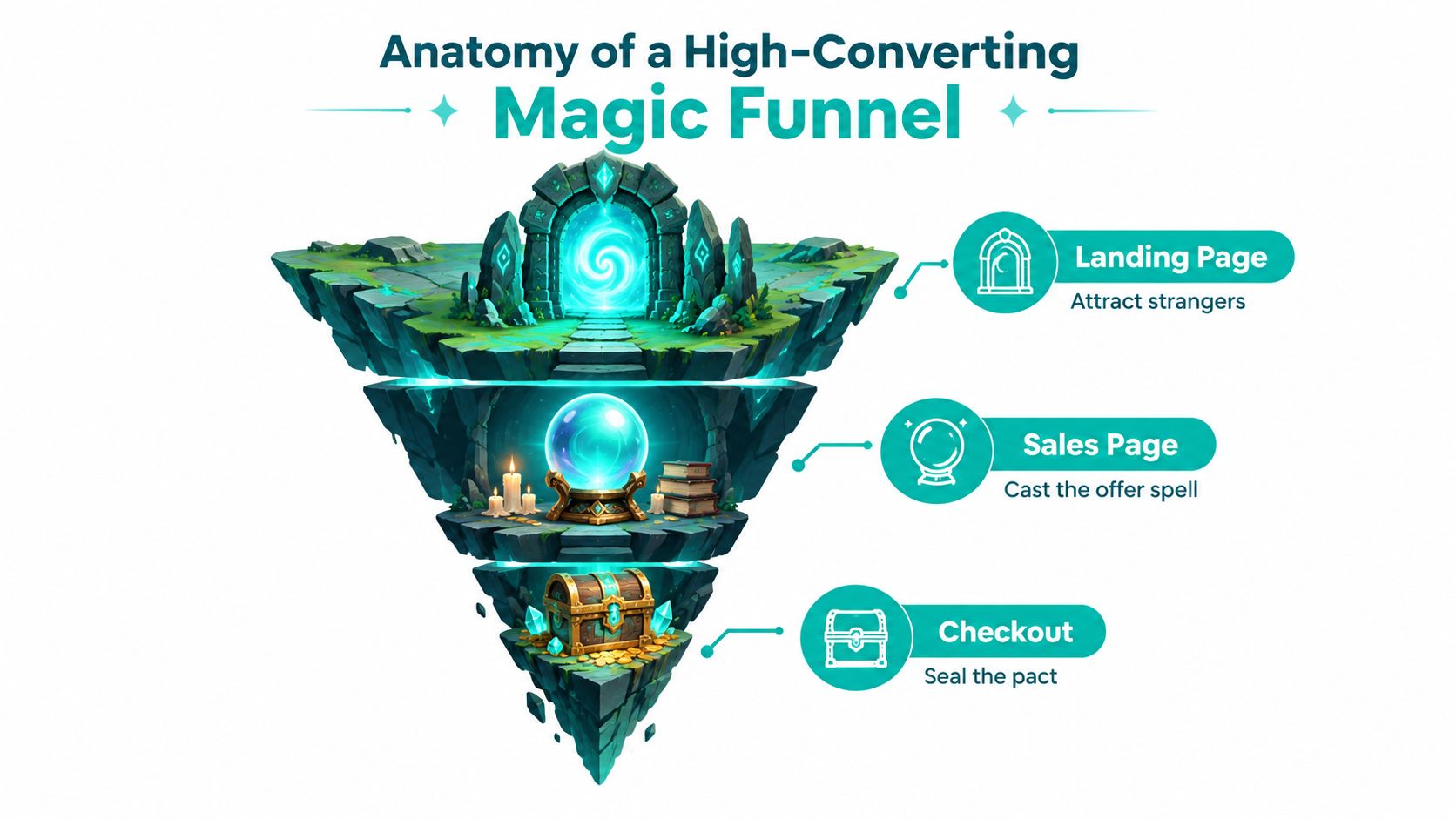 A conceptual illustration of a three-stage digital marketing magic funnel featuring a landing page, sales page, and checkout.