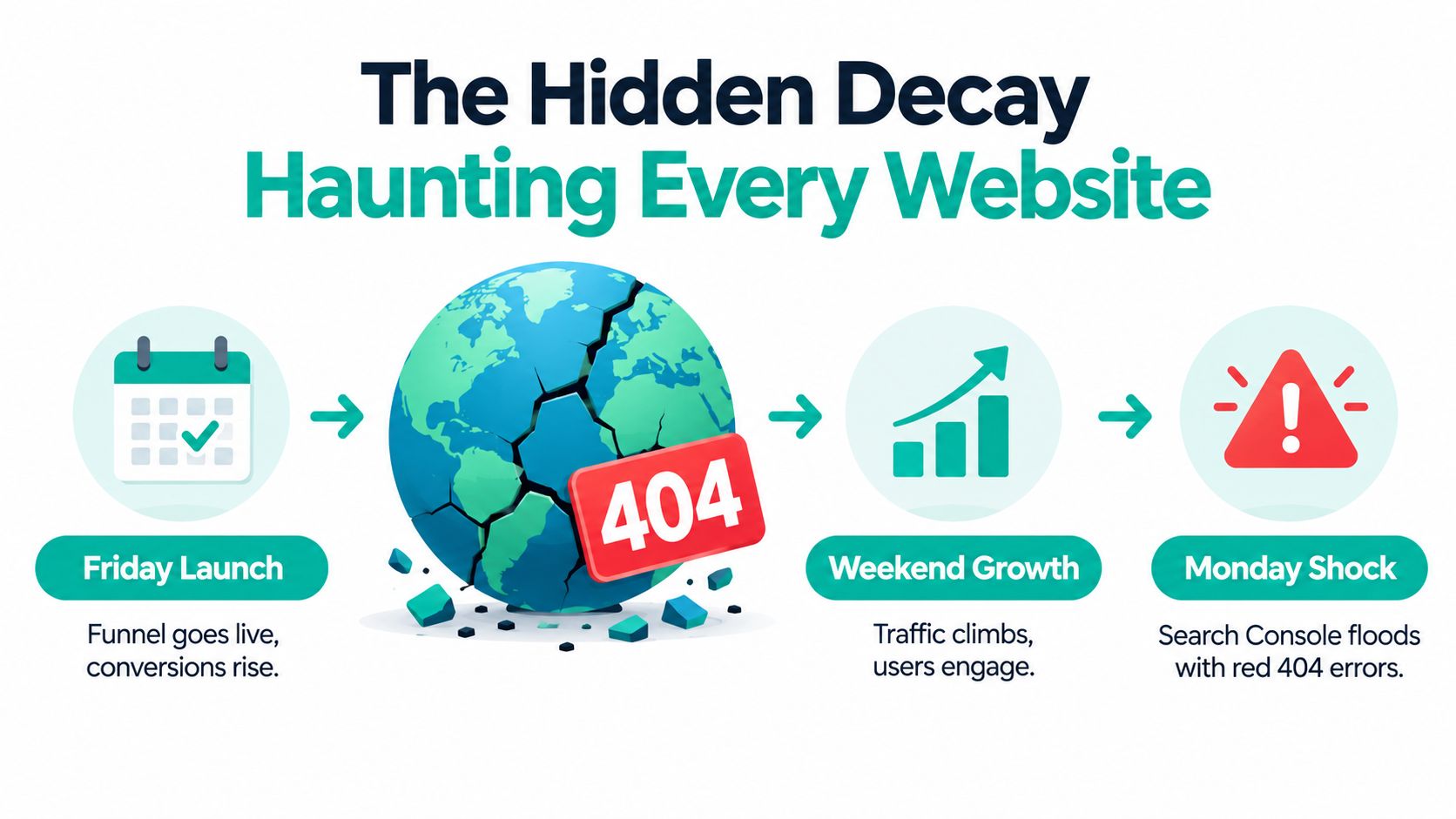 An infographic showing a website growth cycle, from a Friday launch to weekend traffic and Monday 404 errors.