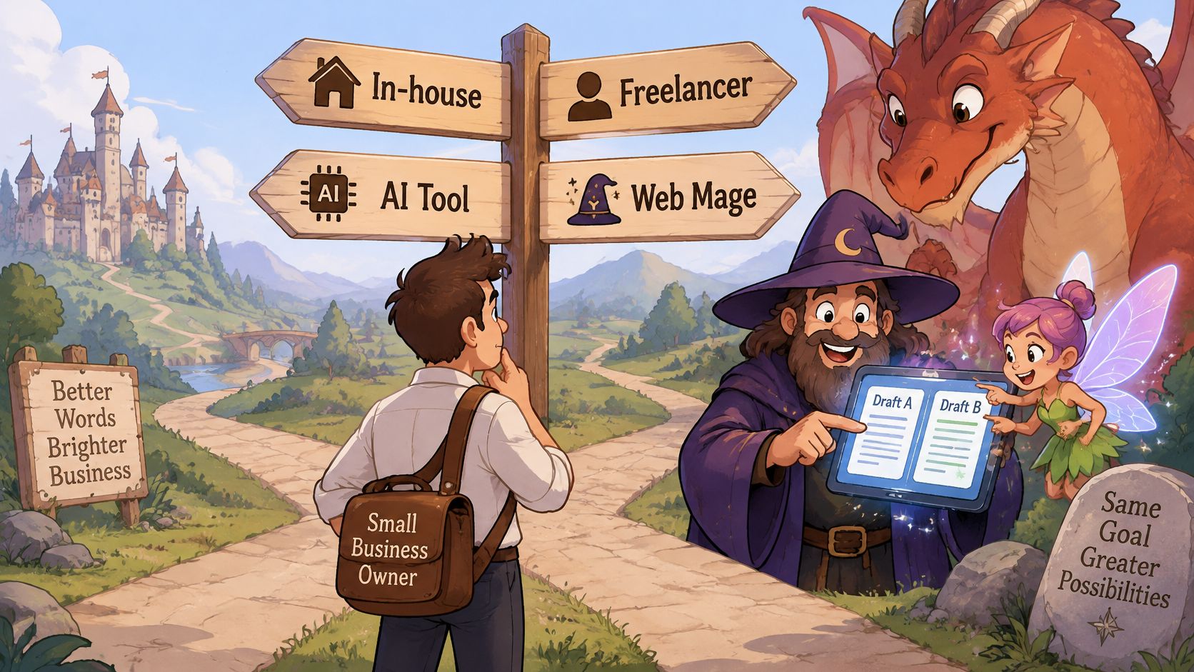A small business owner choosing between in-house, freelancer, AI tool, and web mage for copywriting assistance.