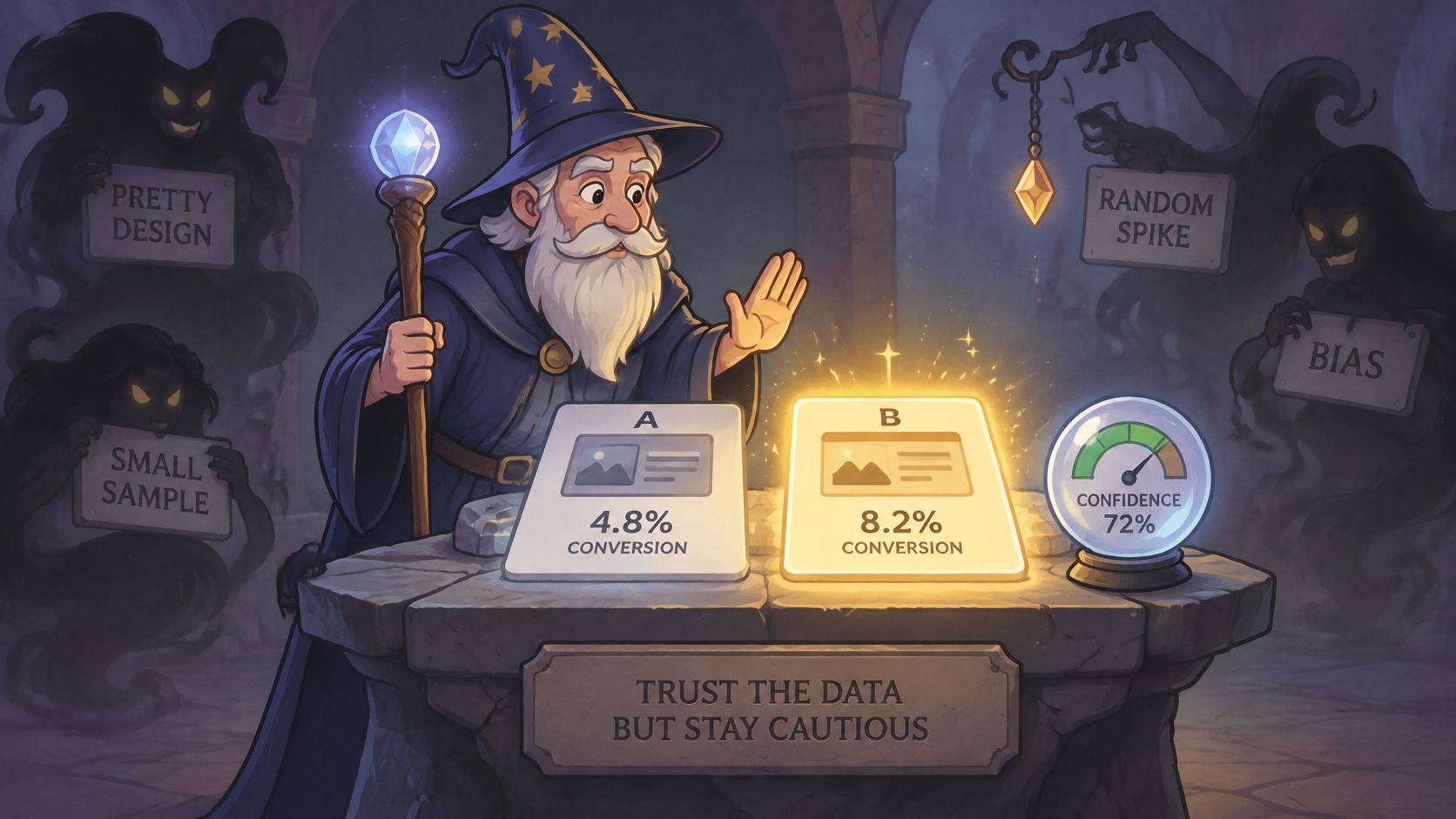 A wizard warns about pitfalls in A/B testing, emphasizing that conversion data requires careful, skeptical analysis.