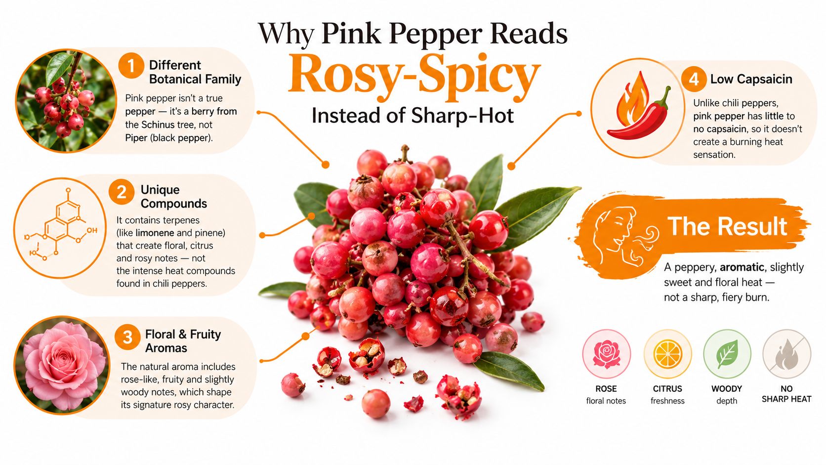 An infographic explaining the botanical and aromatic profile of pink peppercorns, comparing them to spicy chili peppers.