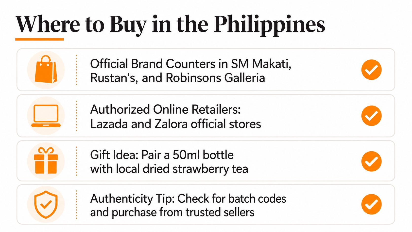 A guide listing places to purchase authentic strawberries and champagne fragrance products in the Philippines.