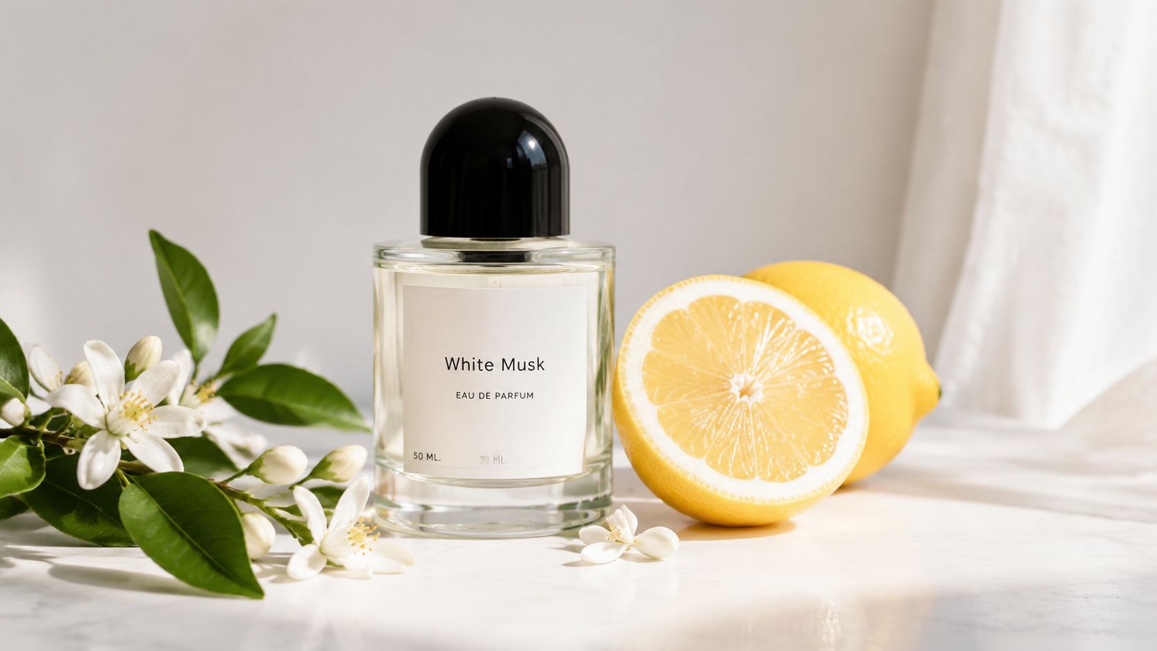 A glass perfume bottle labeled White Musk sits on a white surface with lemons and orange blossoms.