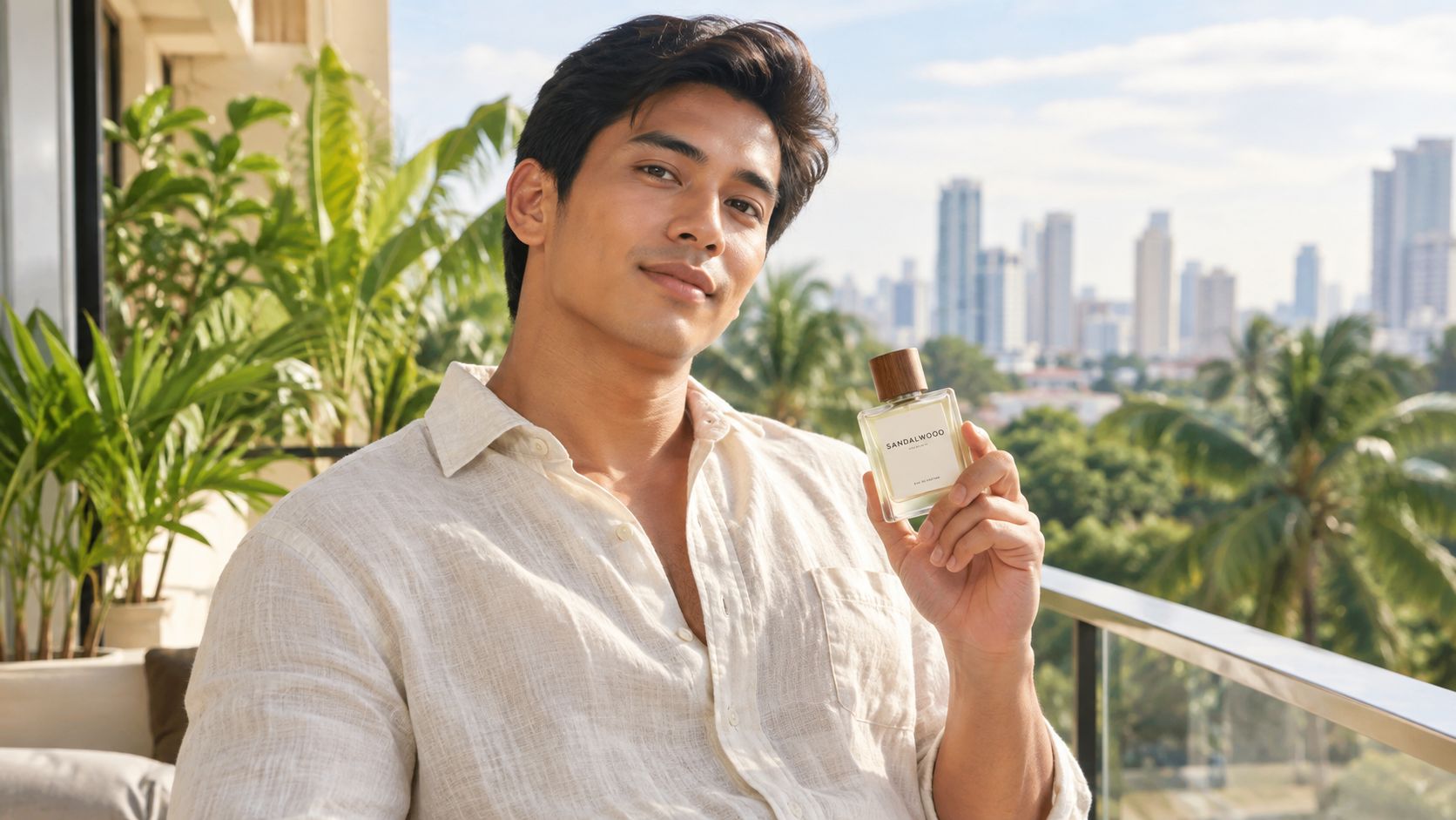 A handsome man wearing a linen shirt holds a bottle of sandalwood perfume on a sunny balcony.