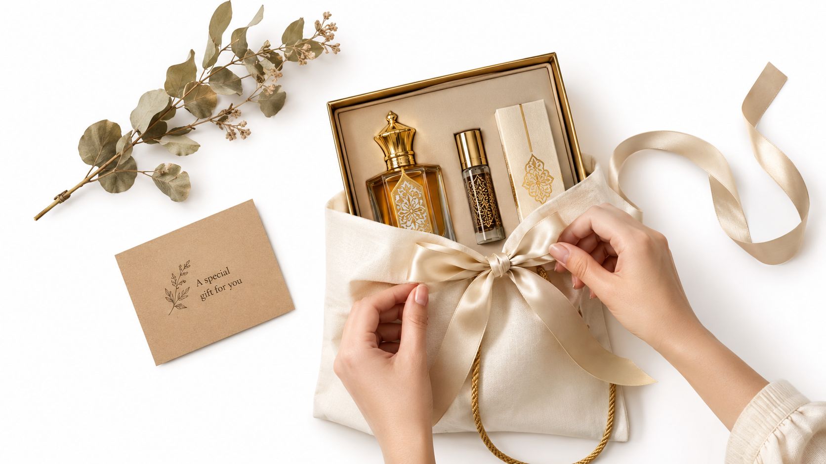 A person wrapping a luxury perfume gift set in a cream pouch with a silk ribbon.