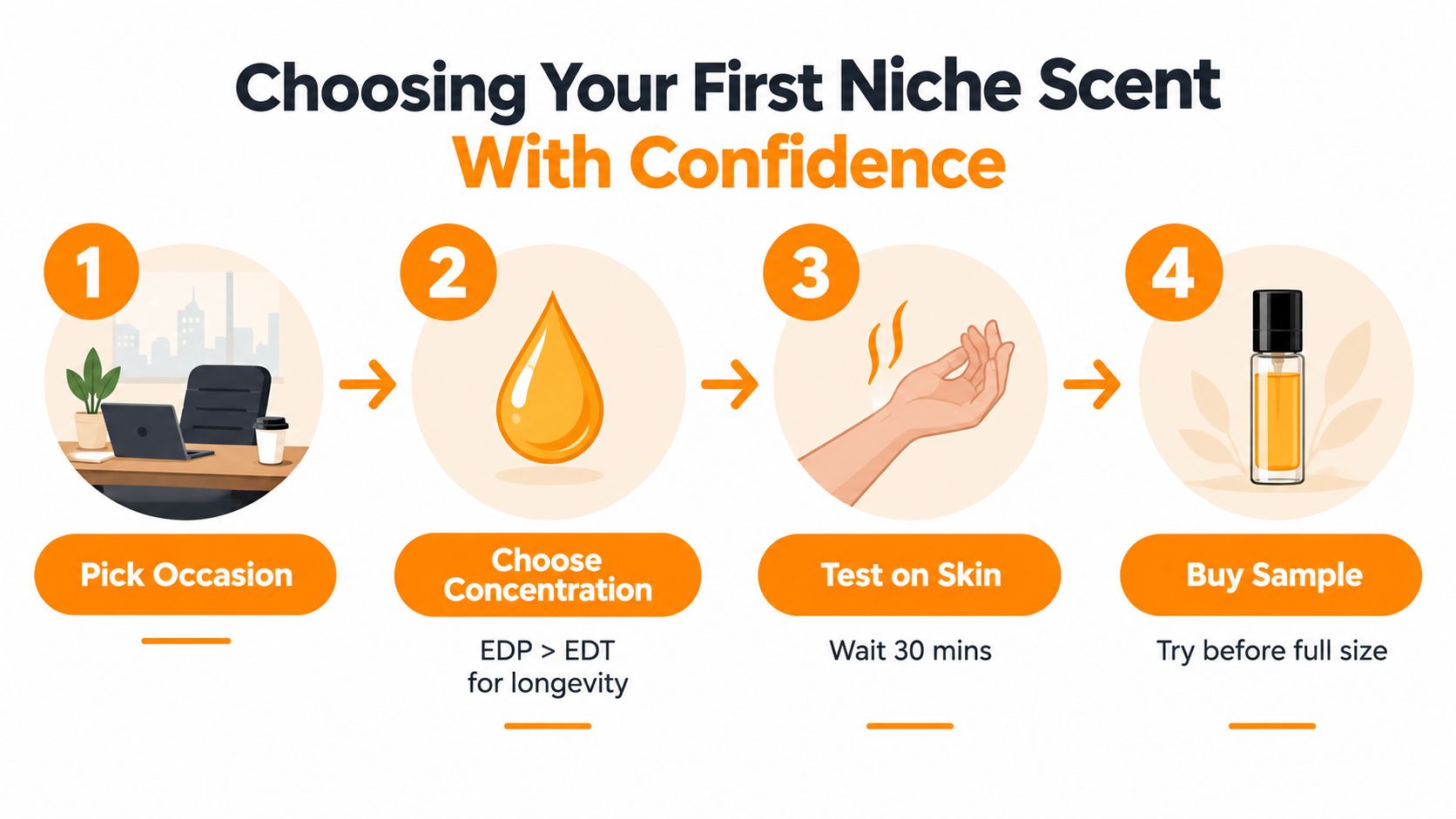 A four-step infographic guide on how to choose your first niche fragrance with confidence and ease.