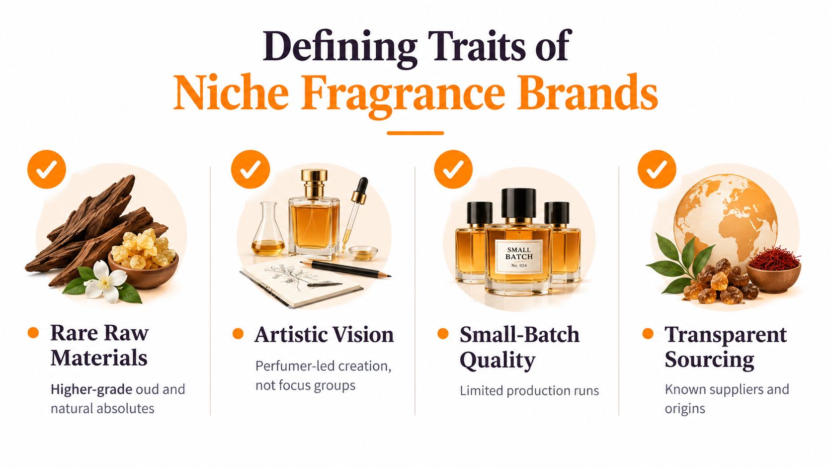 An infographic detailing the four key defining traits of niche fragrance brands, including materials, artistry, production, and sourcing.