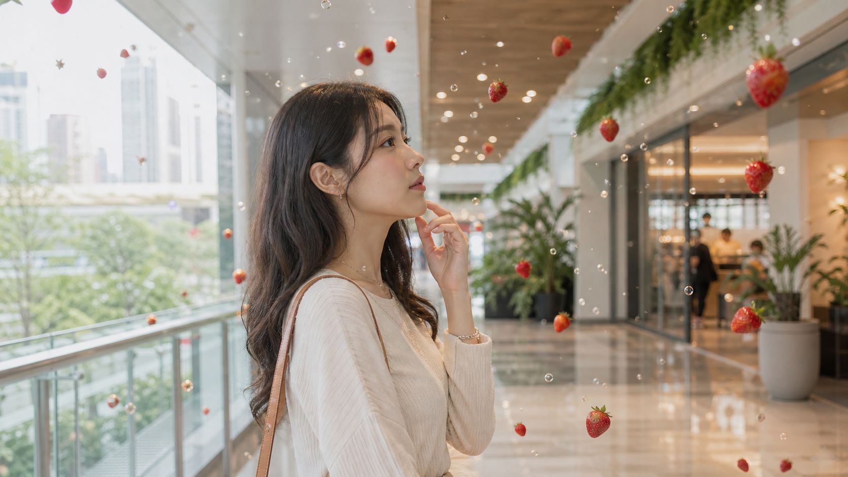 A young woman gazes thoughtfully as strawberries and bubbles float through an elegant indoor mall walkway.