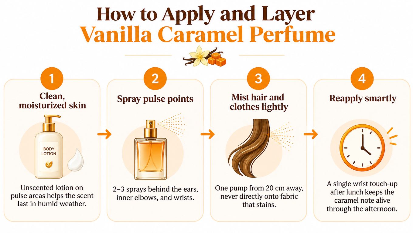 An infographic showing four steps to properly apply and layer vanilla caramel perfume on the skin.