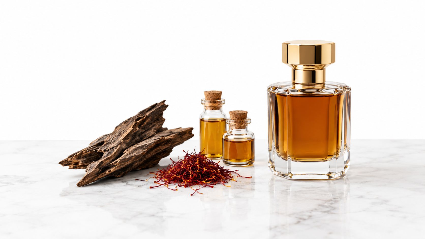 A glass perfume bottle stands next to small vials of essence, saffron threads, and agarwood on marble.