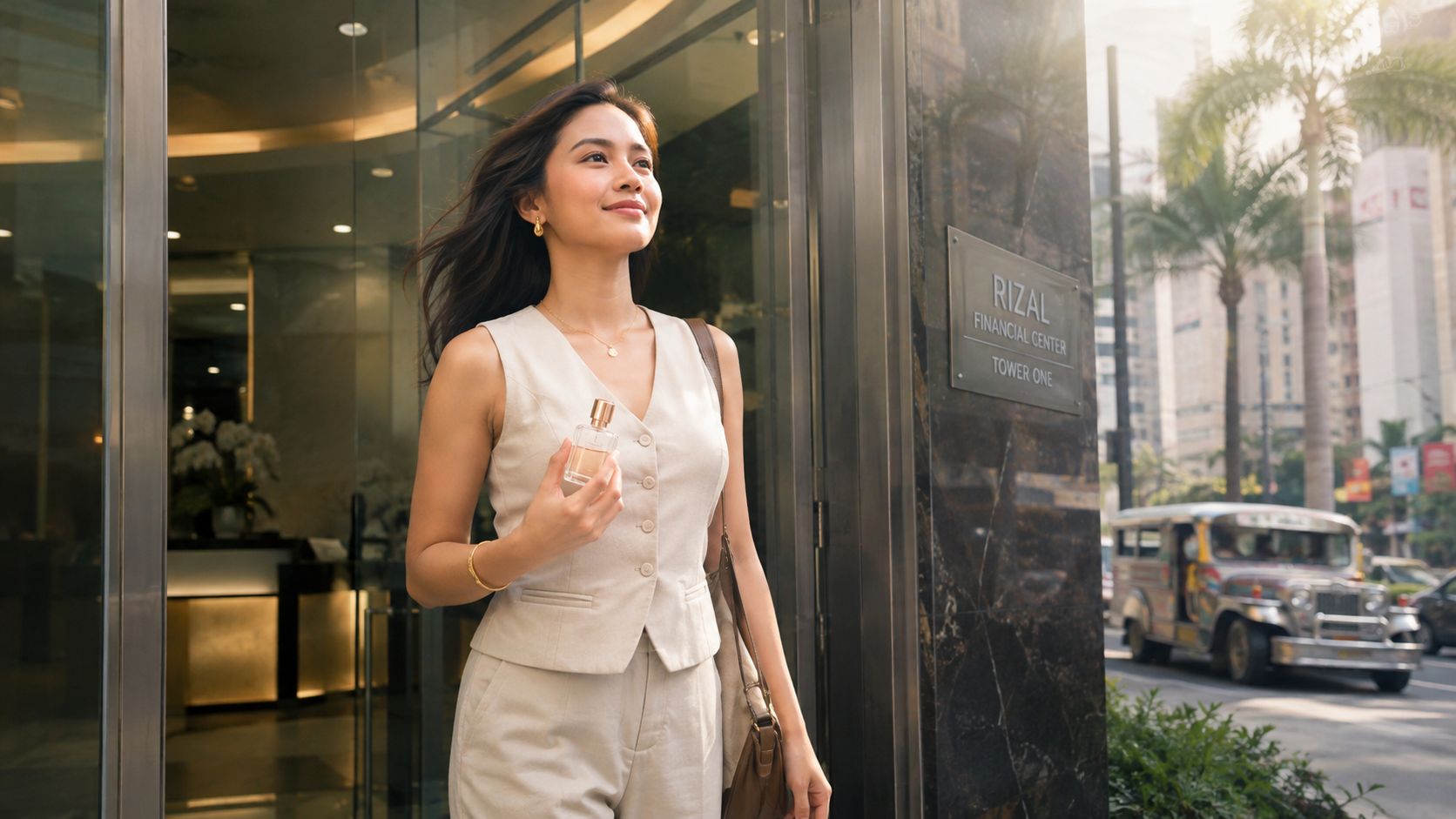A smiling woman in a beige vest holds a bottle of fresh perfume for women outside a building.