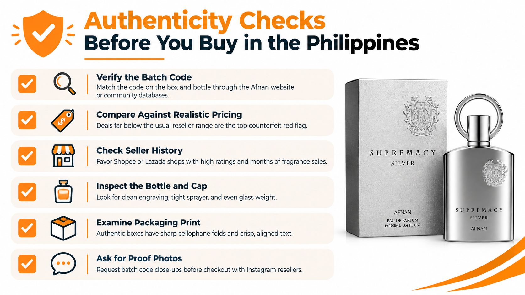 An infographic detailing six steps to verify the authenticity of Afnan Supremacy Silver perfume when purchasing.