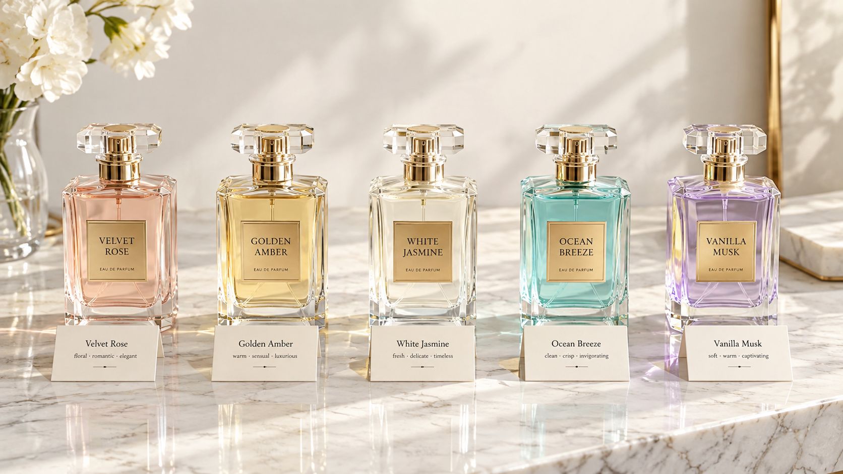 Five elegant perfume bottles labeled with different scents arranged neatly on a polished white marble countertop.