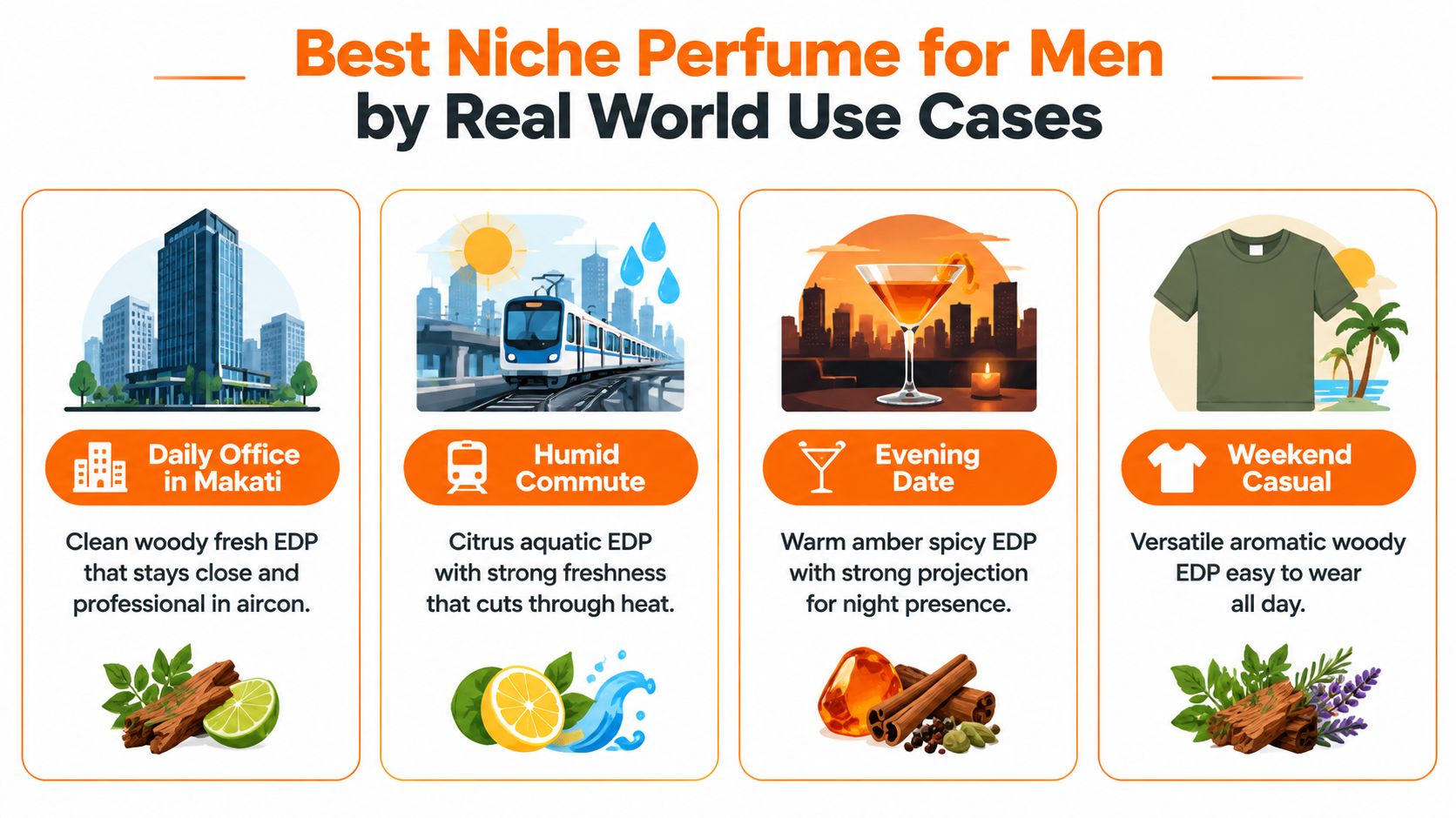 A graphic showing four niche perfume recommendations for men based on daily use cases like office, commute, date, and weekend.