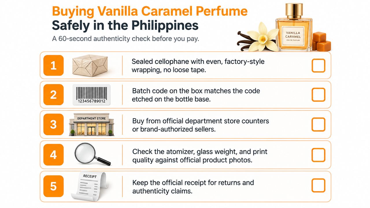 An infographic titled Buying Vanilla Caramel Perfume Safely in the Philippines with five essential authenticity tips.