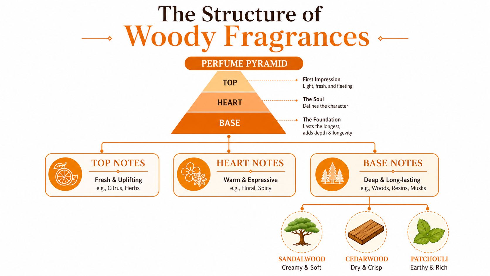 An educational diagram showing the structure of woody perfumes, illustrating top, heart, and base notes.