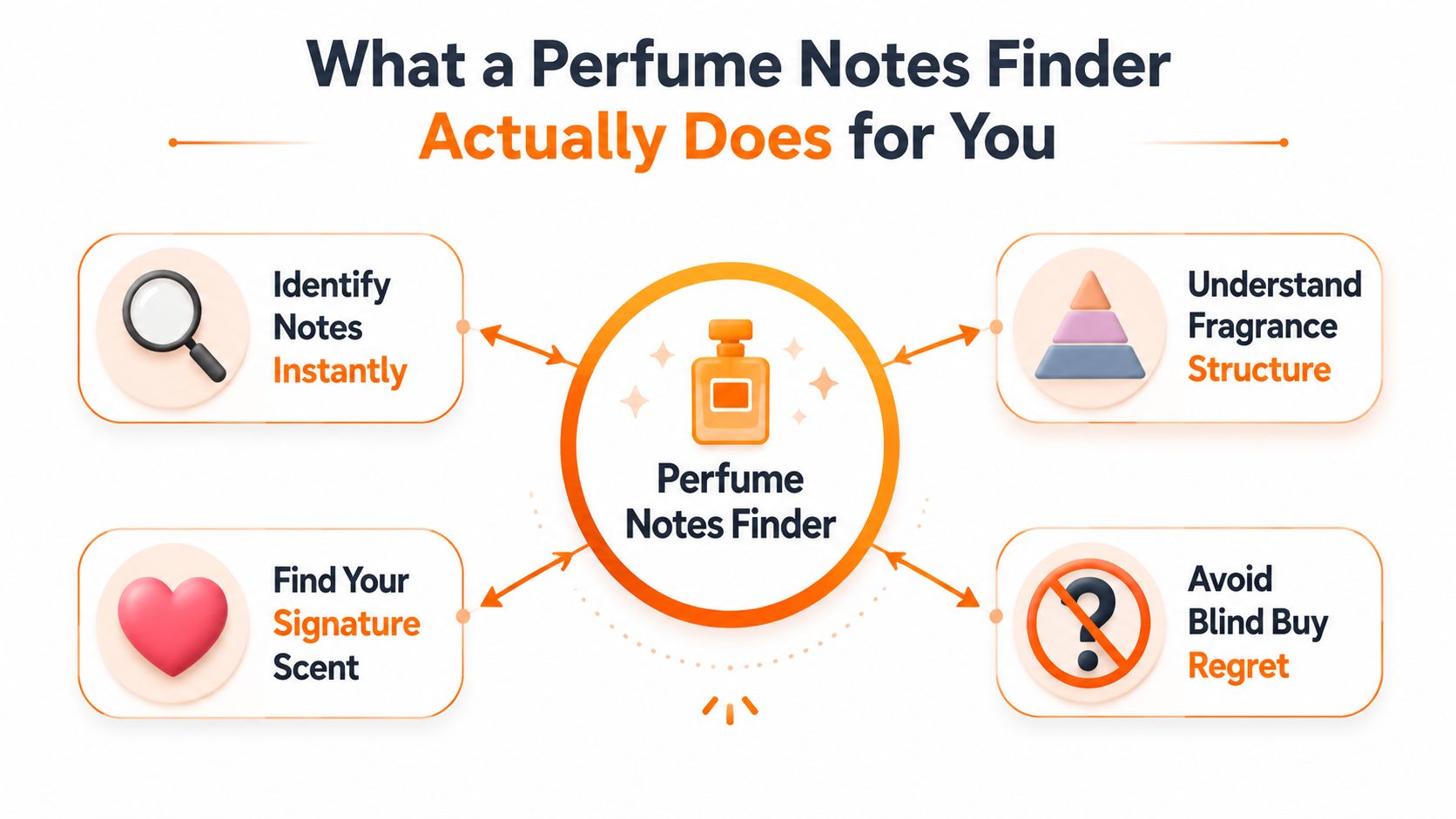 A diagram illustrating the benefits of using a perfume notes finder for fragrance discovery and selection.