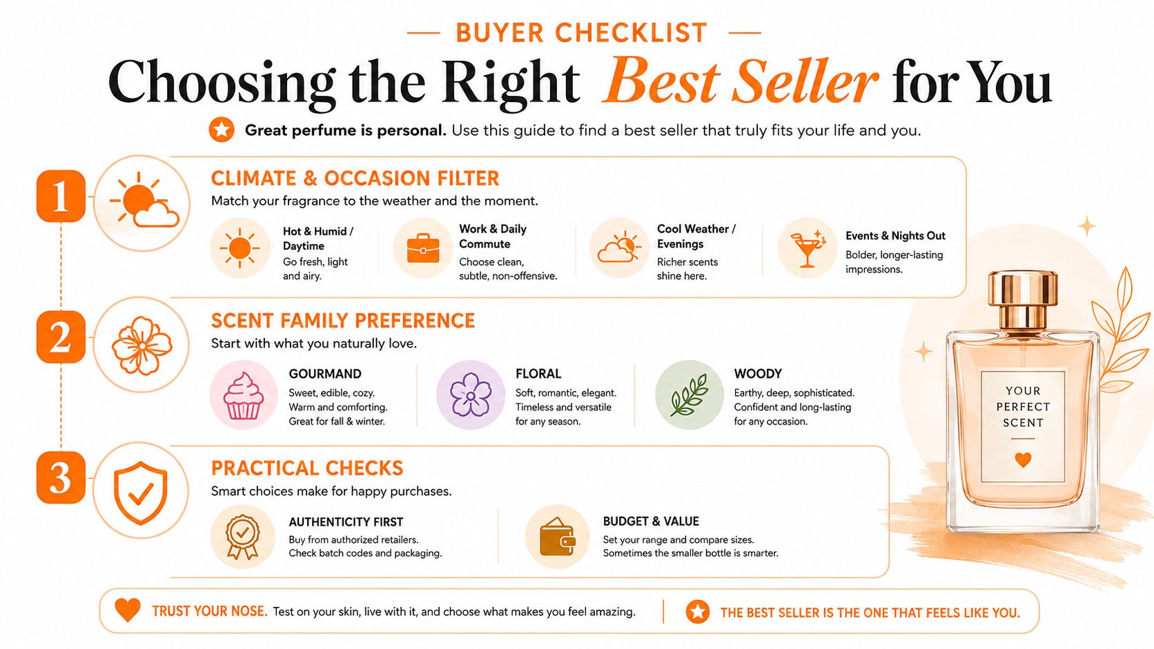 A buyer checklist infographic titled Choosing the Right Best Seller for You, outlining scent selection steps.
