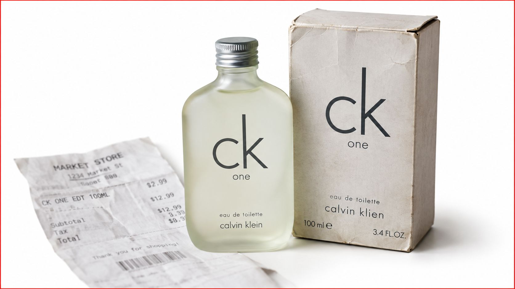 A bottle and box of CK One perfume beside a printed store receipt on a white background.