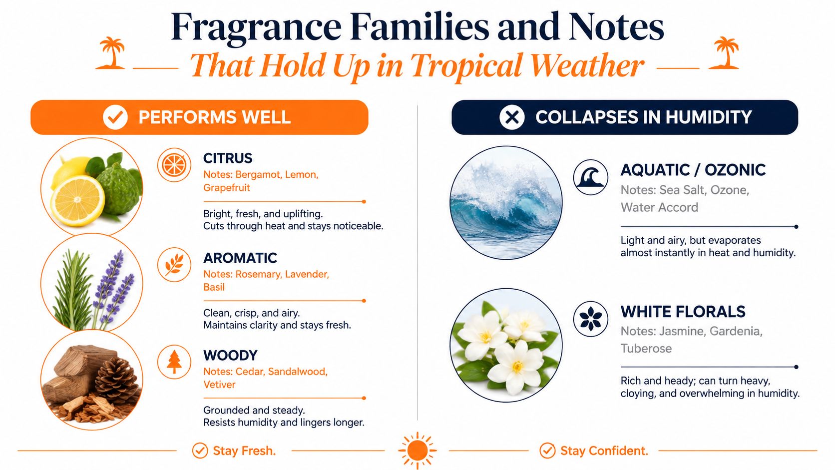 An infographic showing fragrance families that perform well in tropical weather and those that collapse in humidity.