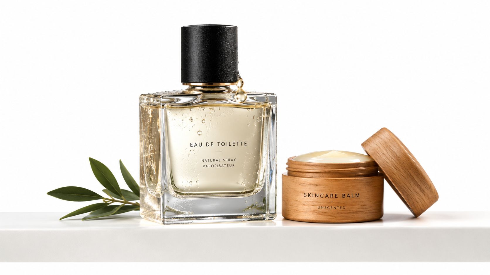 A luxury perfume bottle and a wooden skincare balm jar placed on a clean white shelf.