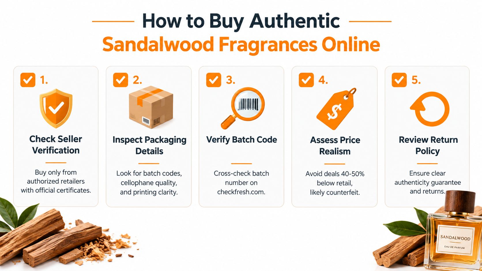 An infographic detailing five steps to identify authentic sandalwood fragrances when purchasing perfume online.