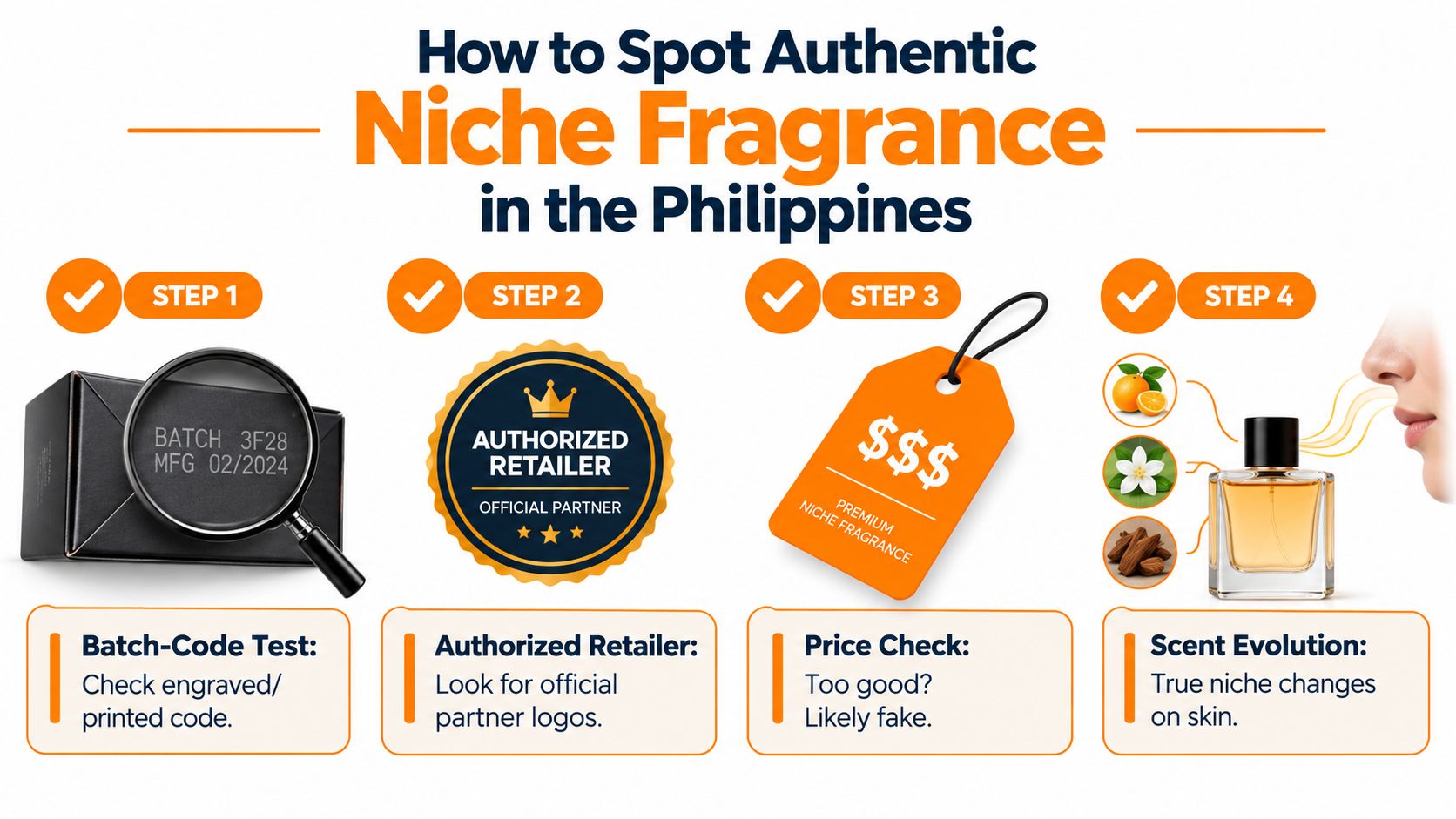 An infographic showing four steps to identify authentic niche fragrance brands in the Philippines using visual cues.