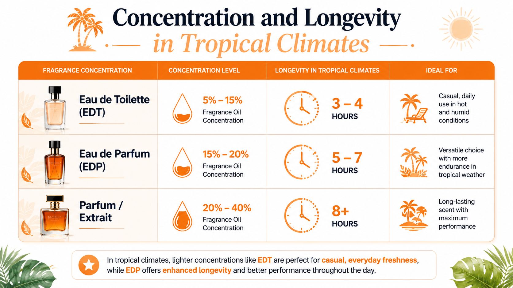A chart illustrating perfume concentration levels and their expected longevity in hot and humid tropical climates.