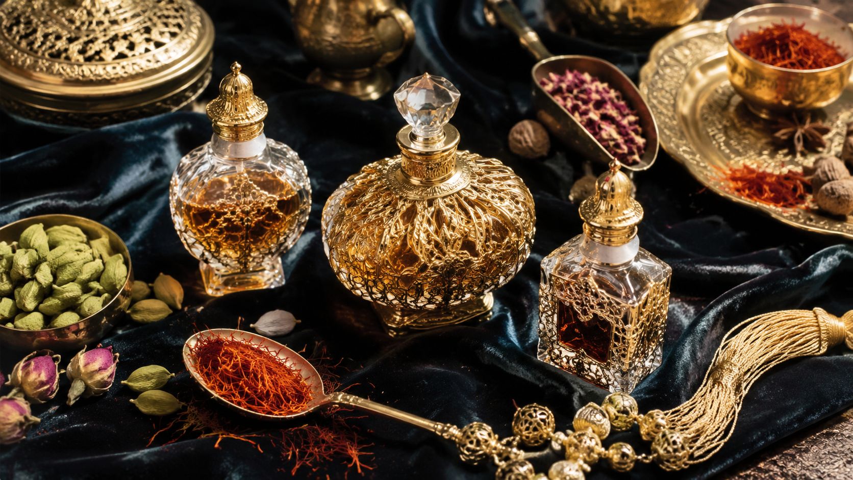 Luxurious perfume bottles surrounded by premium saffron strands, green cardamom pods, and dried roses on blue velvet.