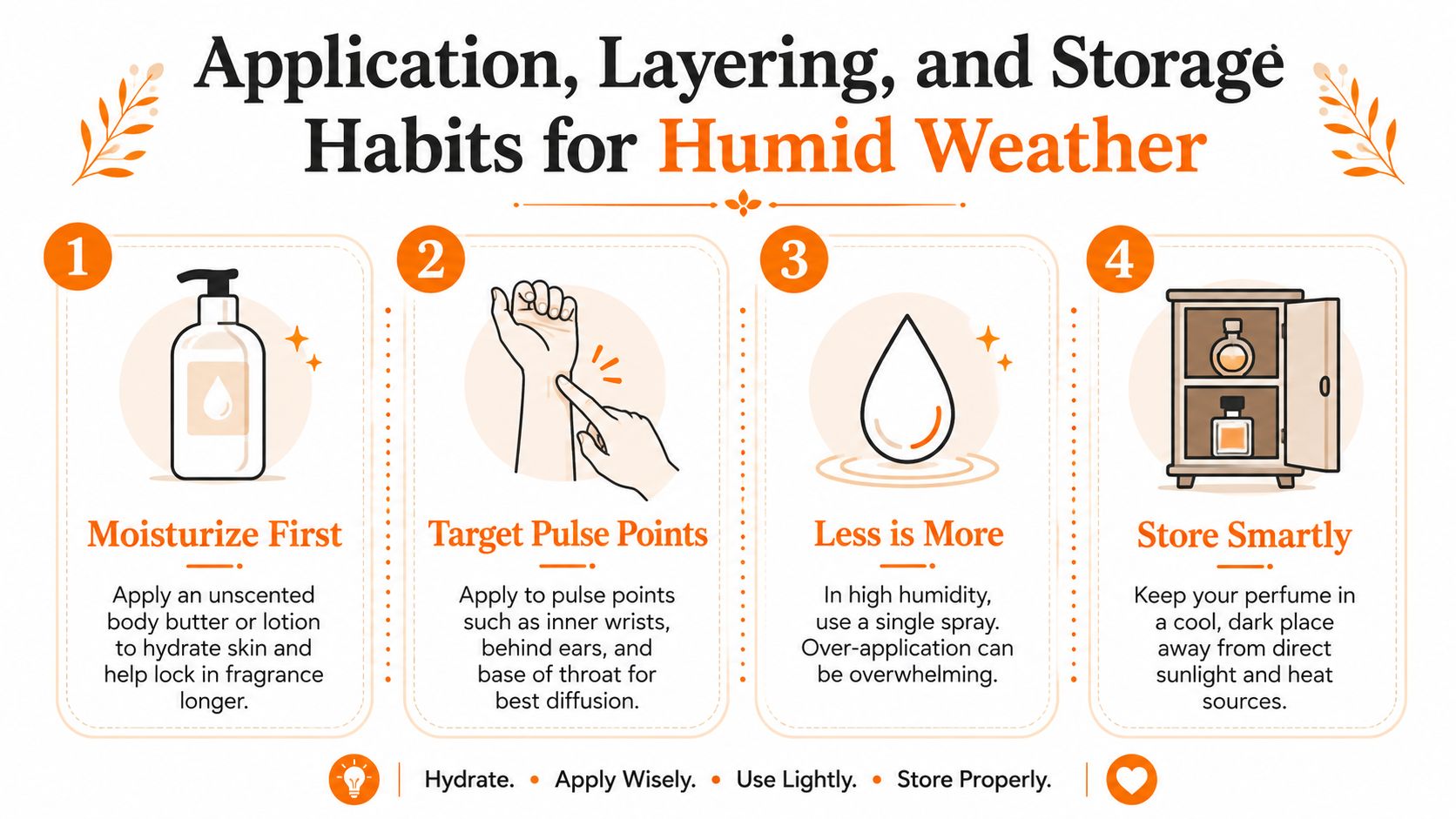 A four-step infographic showing tips for perfume application and storage in humid weather conditions.