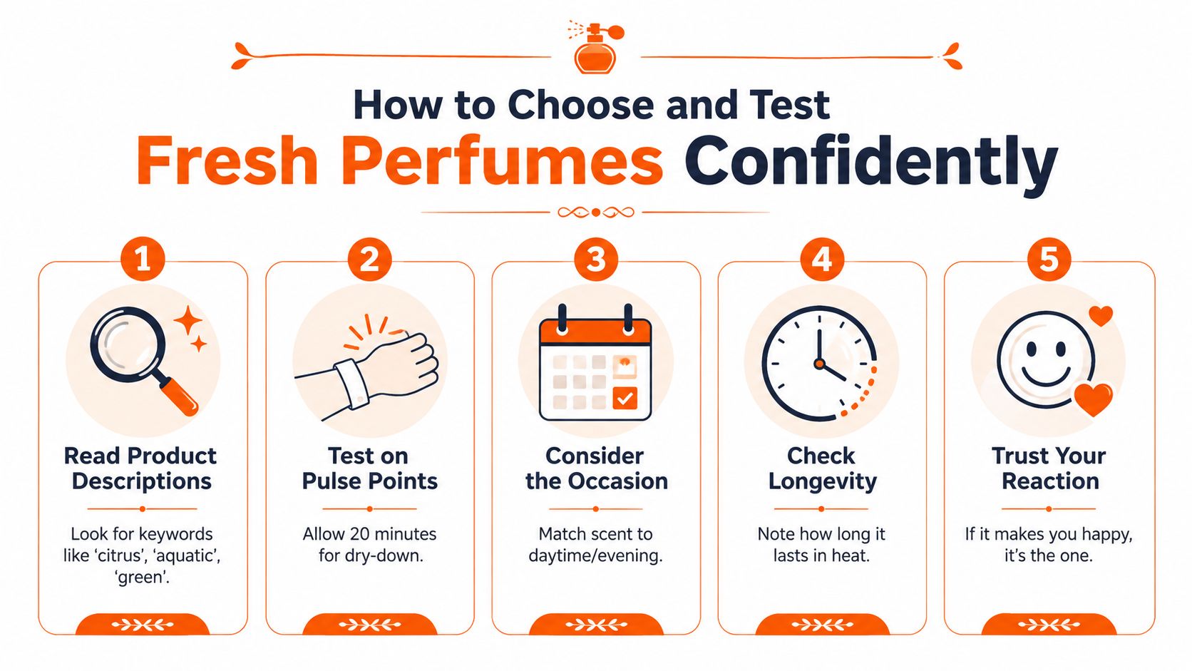 A five-step guide on how to choose and test fresh perfumes effectively and with complete confidence.
