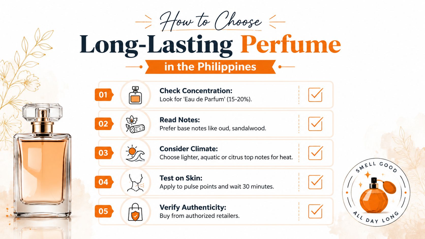 An infographic titled How to Choose Long-Lasting Perfume in the Philippines showing five tips for selecting fragrances.