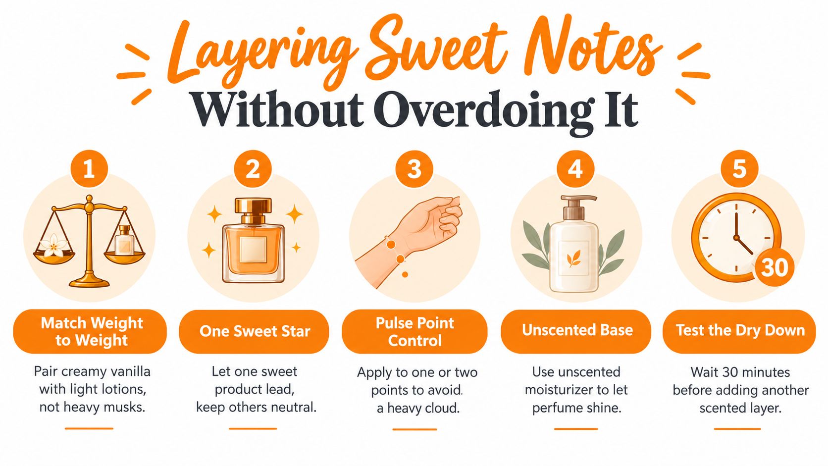 An infographic showing five tips for layering sweet perfume notes without overdoing the fragrance scent.