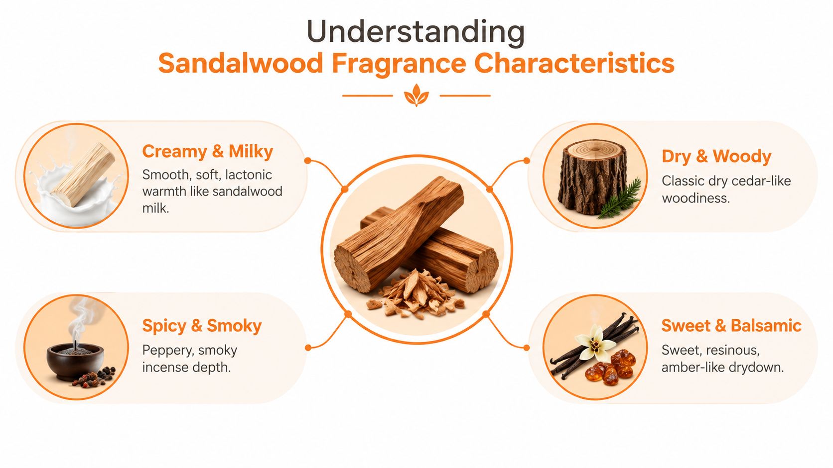 A diagram illustrating the four main fragrance characteristics of sandalwood: creamy and milky, dry and woody, spicy and smoky, and sweet and balsamic.