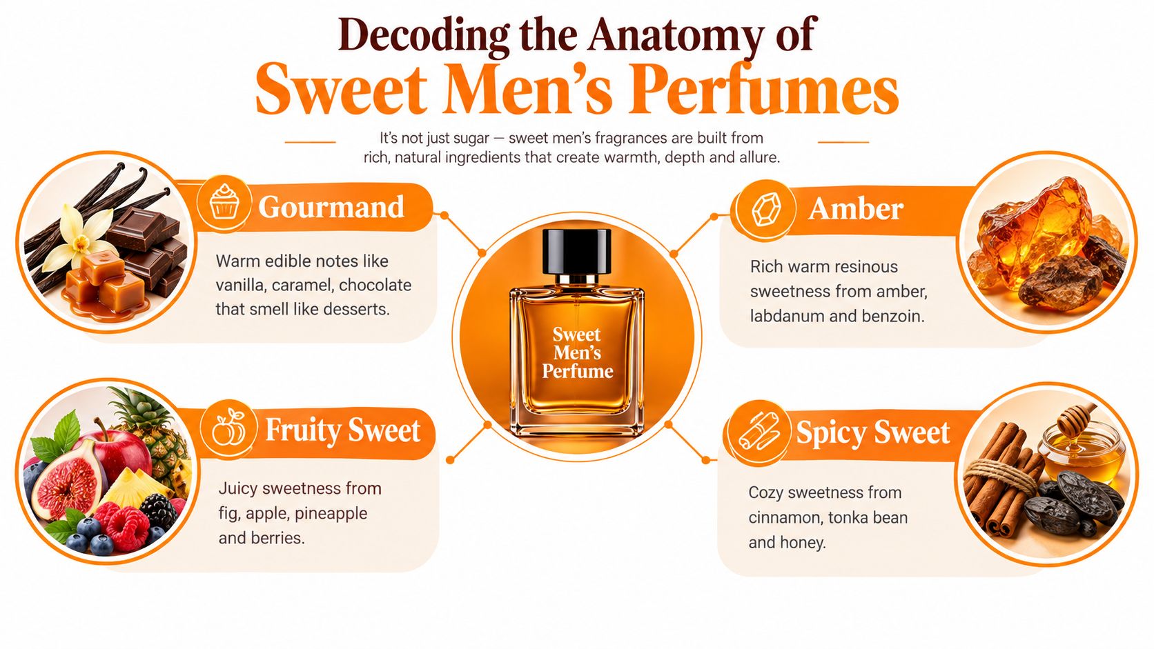 An infographic detailing the components of sweet men's fragrances, categorized by gourmand, amber, fruity, and spicy notes.
