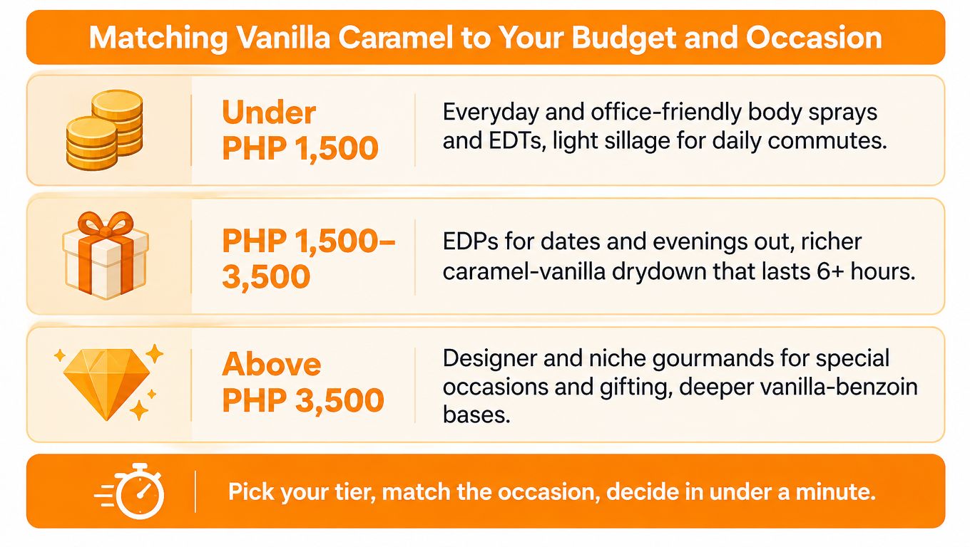 A chart guide helping users match vanilla caramel fragrance options based on budget and various occasions.