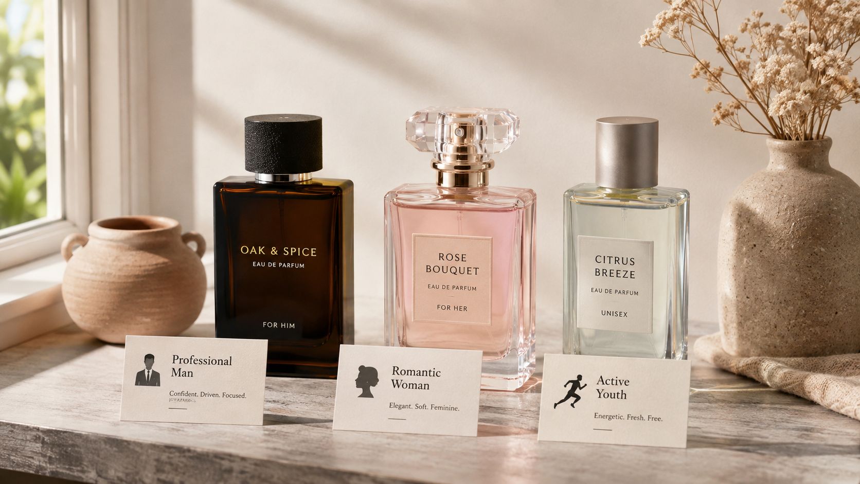 Three glass perfume bottles labeled Oak & Spice, Rose Bouquet, and Citrus Breeze arranged on a rustic surface.