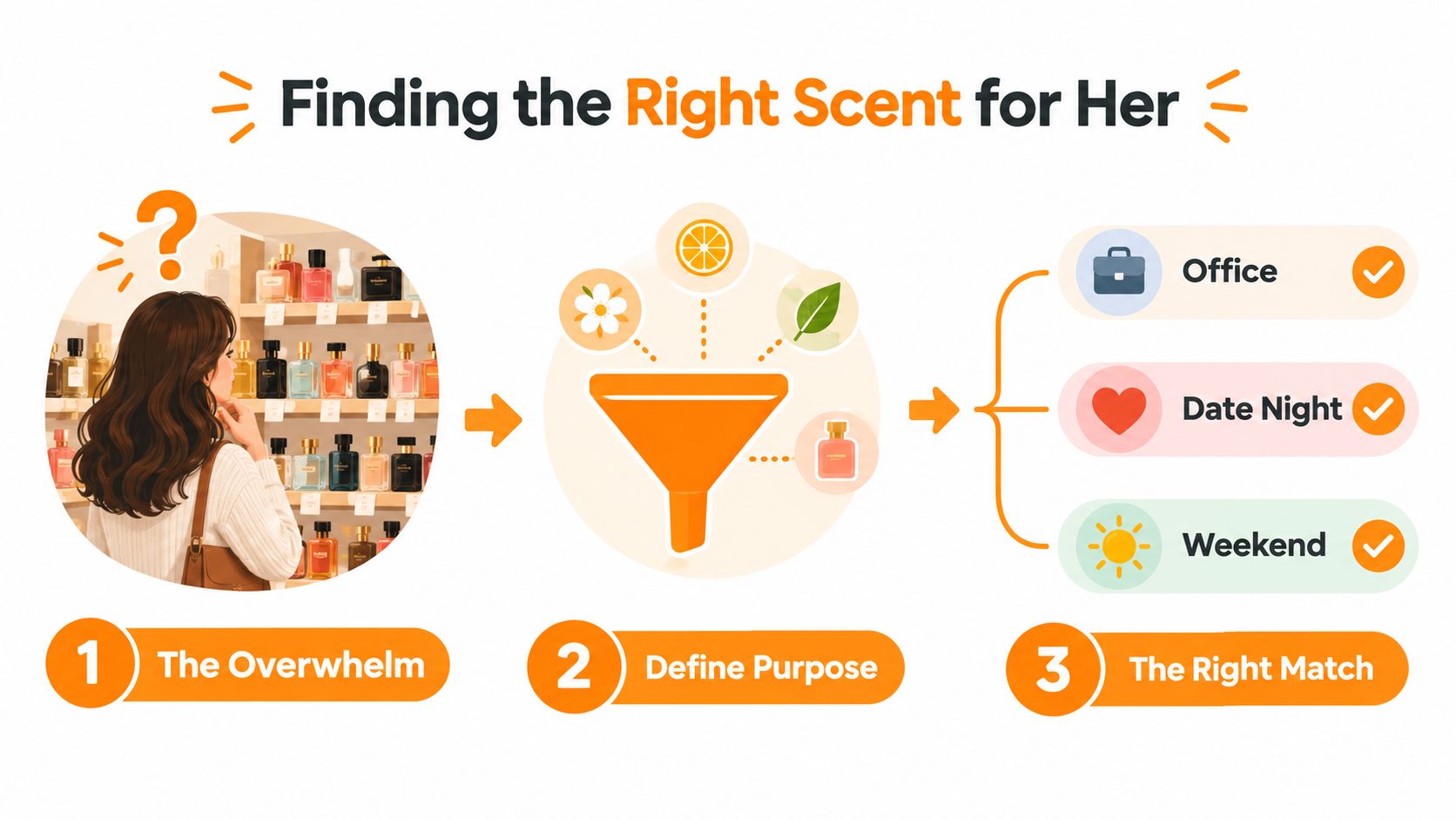 A step-by-step infographic showing how to choose the right perfume for women by defining its purpose.