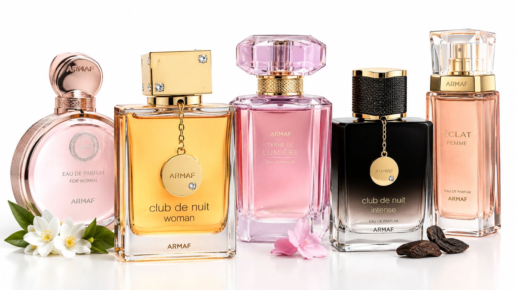 A collection of five elegant Armaf perfume bottles arranged on a white background with floral accents.