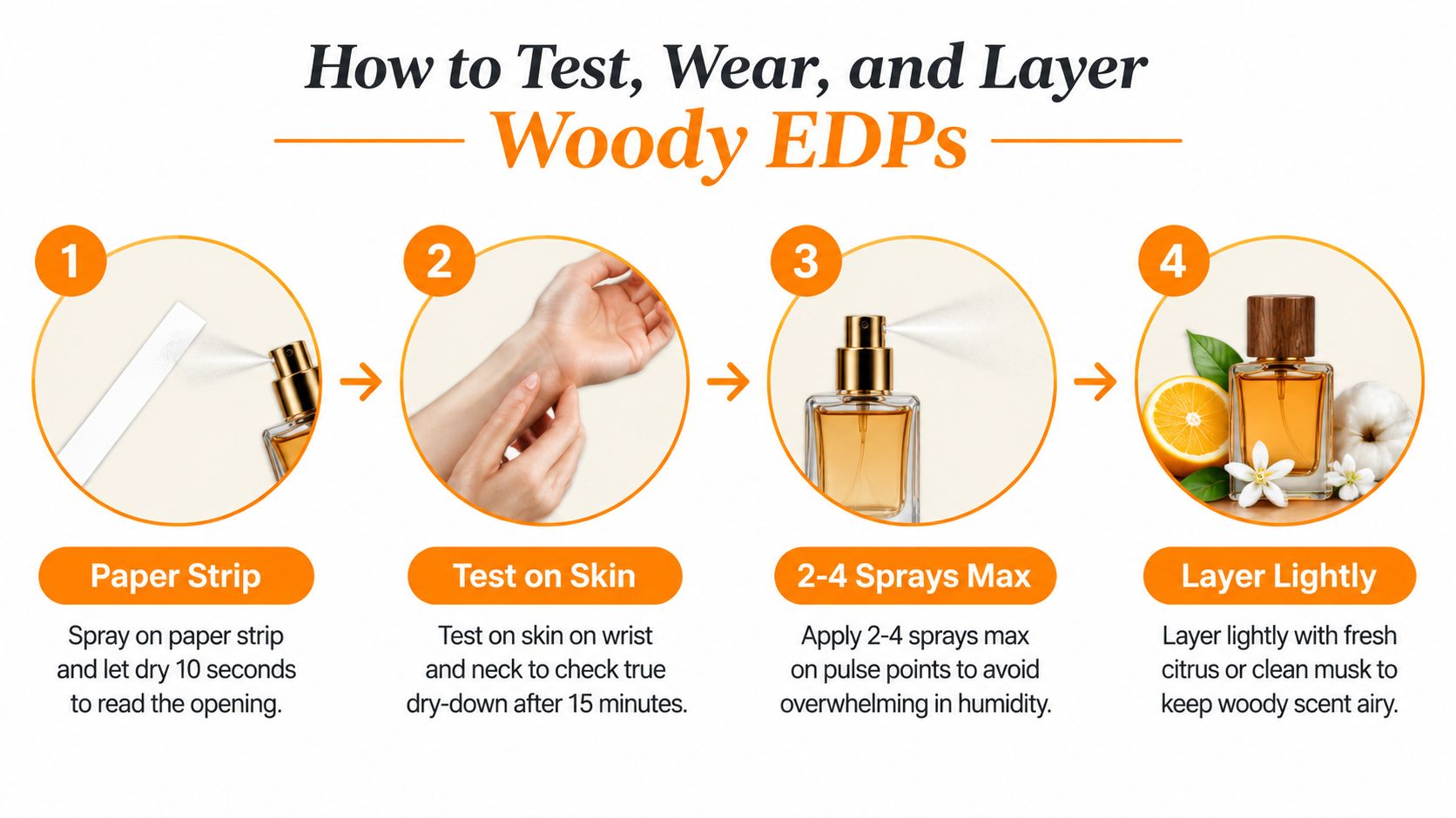 An infographic showing four numbered steps for testing, wearing, and layering woody eau de parfum fragrances.