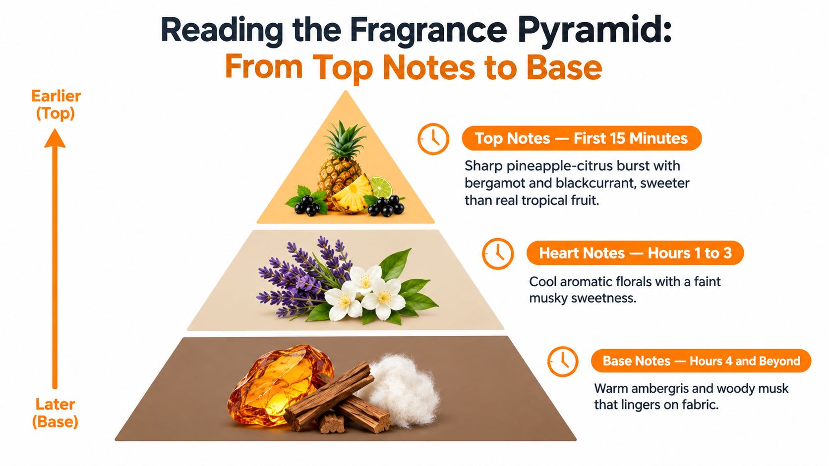 A visual guide explaining the fragrance pyramid structure from top notes to heart and base notes.