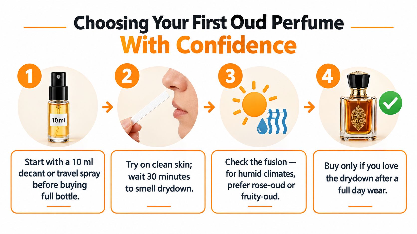 A step-by-step infographic on how to choose an oud perfume with confidence using four simple steps.