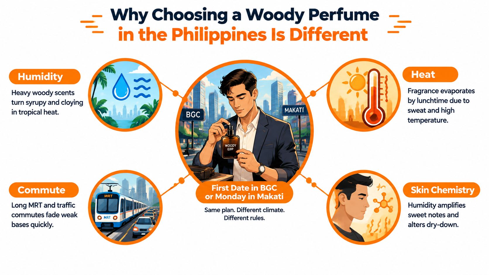 An infographic explaining why woody perfumes behave differently in the hot and humid climate of the Philippines.