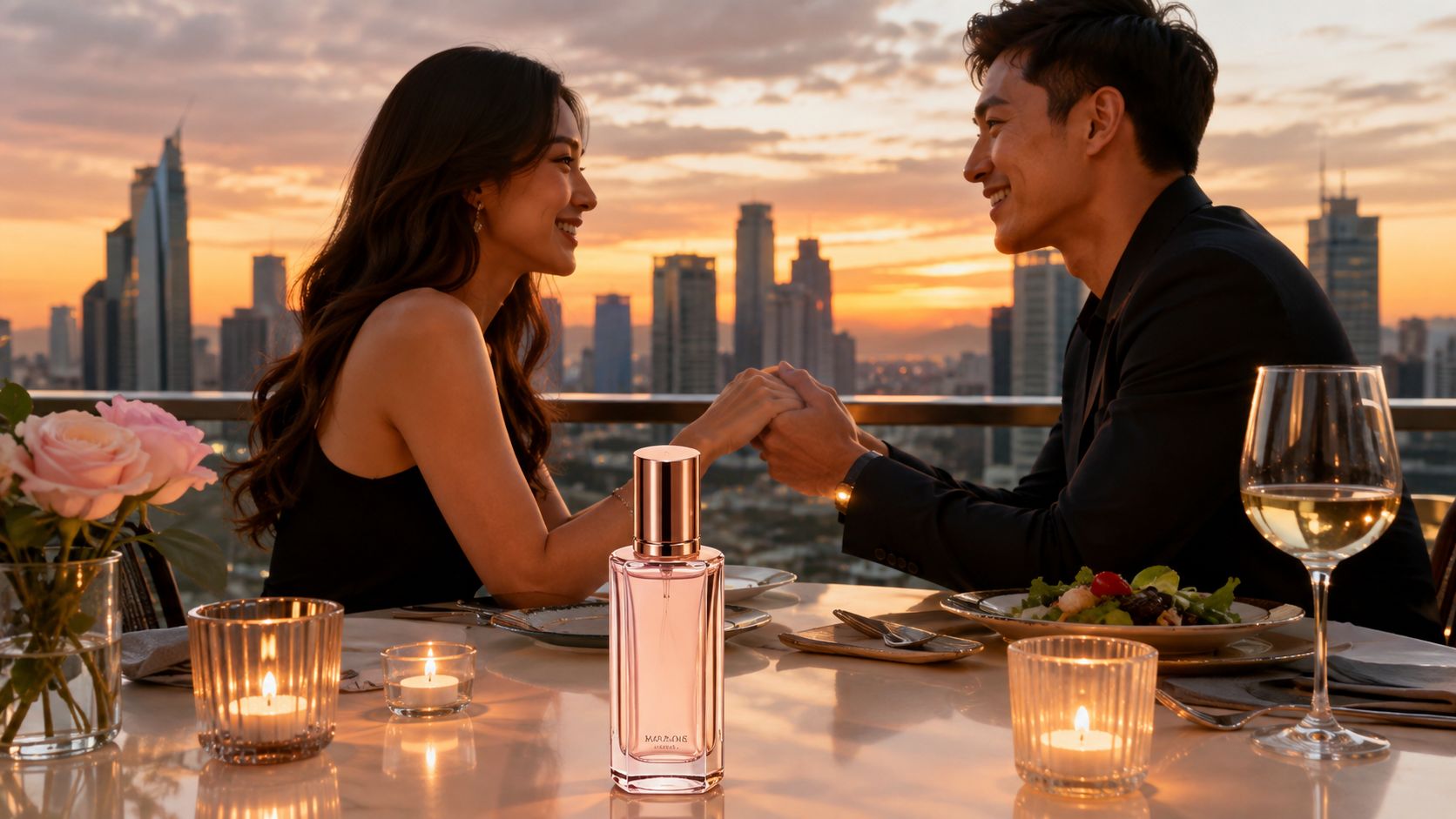 A romantic couple enjoying a candlelight dinner on a city terrace with a perfume bottle in focus.