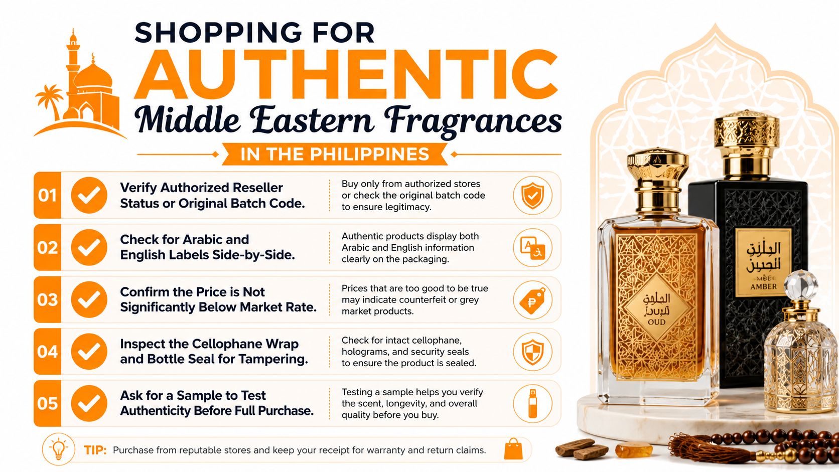 An infographic titled Shopping for Authentic Middle Eastern Fragrances in the Philippines featuring five safety tips.
