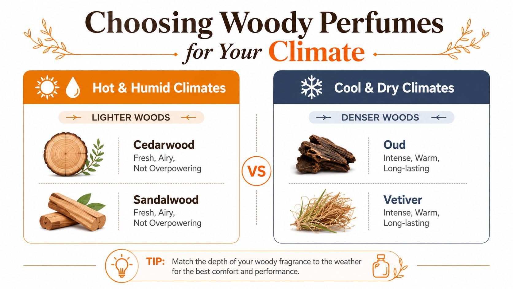 An infographic showing the best woody perfume scents for hot humid climates versus cool dry climates.
