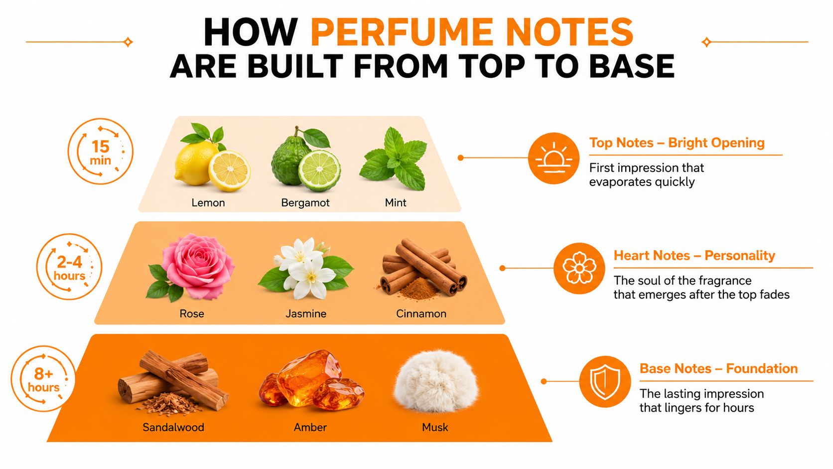 A visual guide explaining how perfume scent notes are layered, showing top, heart, and base categories.