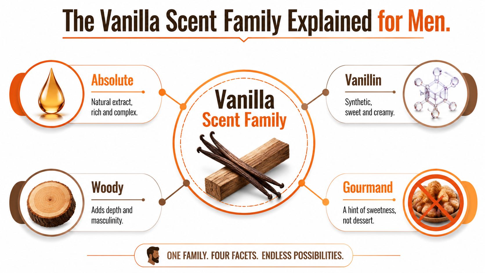An infographic detailing the four facets of the vanilla scent family for men's fragrances.